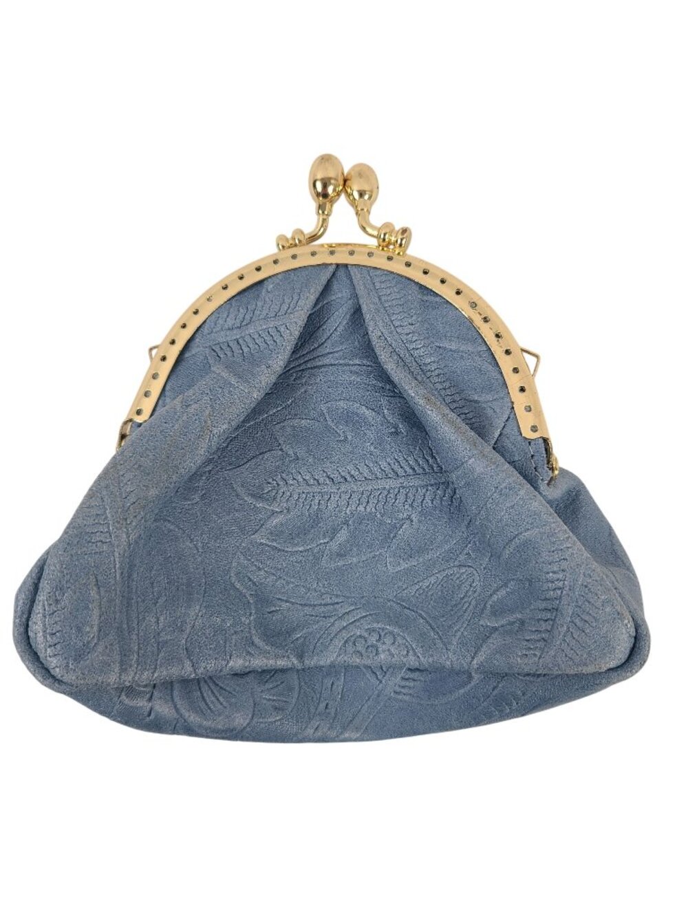 Isadora Blue Embossed Suede Coin Purse With Gold Metal Frame & Kiss Lock Closure